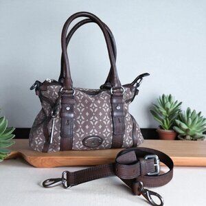 VTG FOSSIL SIGNATURE Silhouette Satchel Maddox Bag Crossbody Leather and Fabric